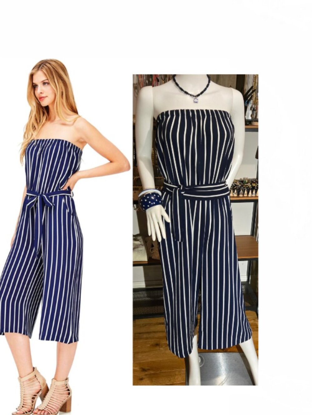 NWOT Navy White Striped Cropped belted Jumpsuit Large
